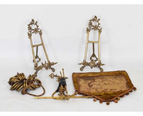 Quantity of Victorian and later interior accessories, to include cast gilt metal firescreen mantel brackets, curtain hoops, p