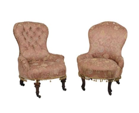 Victorian button back nursing chair, raised on turned supports, together with another non-buttoned example on cabriole suppor