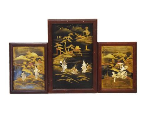 Pair of Japanese lacquer panels, Meiji period, inlaid with mother-of-pearl and bone, with geisha in gardens within mountainou