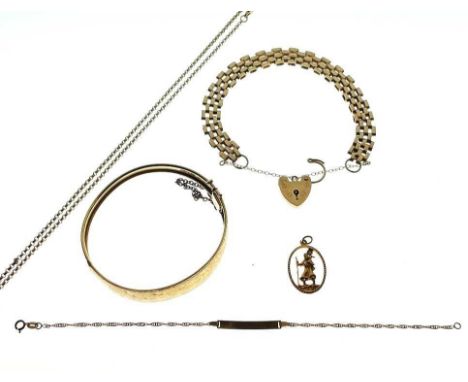 Small quantity of 9ct gold jewellery, including snap bangle, bracelet, chain, etc, 32.4g gross approx