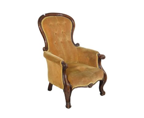 Victorian mahogany and upholstered button back salon chair, the moulded show wood framed raised on cabriole supports, 66cm x 