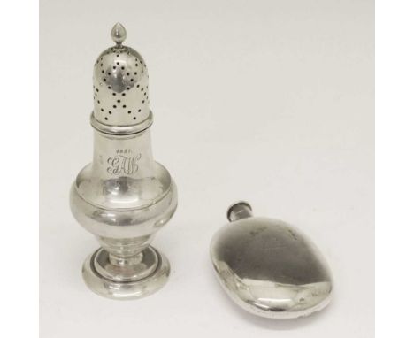 Edward VII silver sugar caster with inscription, Birmingham 1904, together with a silver hip flask, 244.3g gross approx.