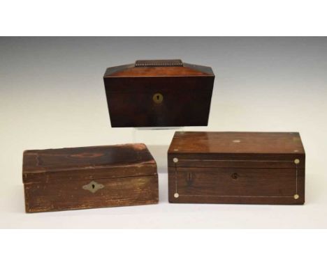 19th Century rosewood and mother-of-pearl inlaid jewellery box, another inlaid jewellery box and a mahogany sarcophagus tea c