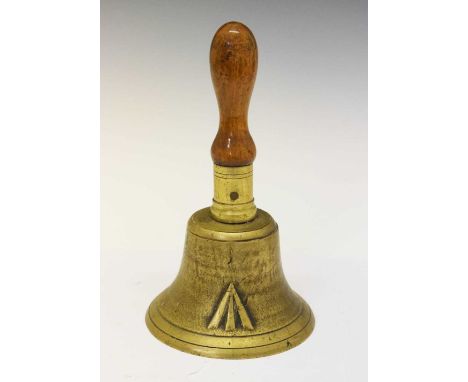 Second World War era cast hand bell, War Department, with Ordnance broad arrow to a turned oak handle, 28cm high