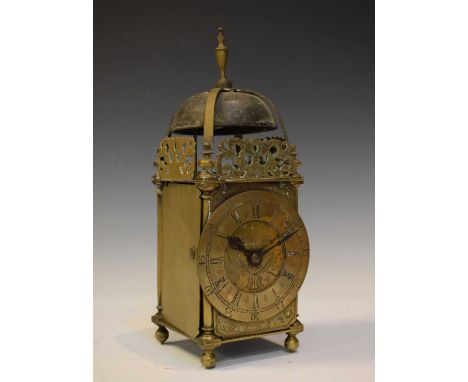 Small early 20th Century brass lantern-style timepiece, dial engraved 'Behold How Quickly Time Passeth, two-train movement wi