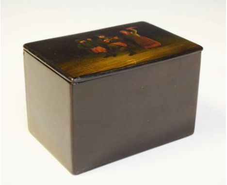 Russian lacquer tea caddy, the lid decoration with peasants dancing, 14cm x 9.5cm x 9cm high 
