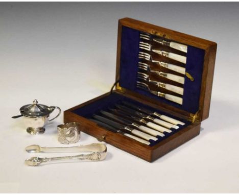 Silver George V silver mustard pot with blue glass liner, Sheffield 1932, Edward VII napkin ring, Victorian sugar tongs, 165g