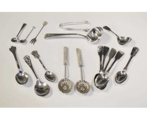 George III silver ladle, London, 1792, together with a set of four early Victorian silver teaspoons, London, 1838, sugar tong