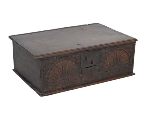 18th Century oak Bible box with decorative carved panel, 15cm x 39cm x 21cm high