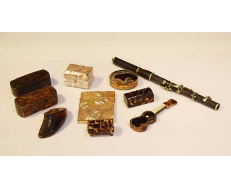 Victorian mother-of-pearl card case, together with a collection of tortoiseshell and other miniature boxes and a piccolo, 5cm