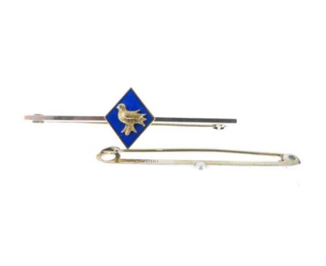 Two gold bar brooches comprising a 9ct gold bar brooch with enamel and bird decorated panel, and a seed pearl set bar brooch 