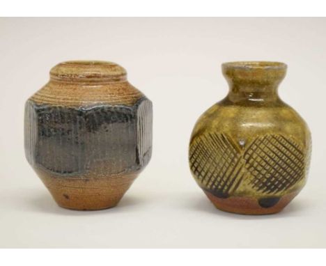 Nick Rees for Muchelney Pottery, small octagonal stoneware vase with olive green glaze, impressed mark; together with a Winch