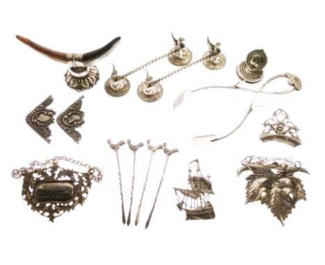 Quantity of silver plated items to include; pair of plated knife rests, decanter labels for 'Scotch' and 'Madeira', silver-to