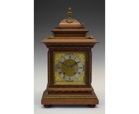 RSM - German walnut two-train bracket clock, 6.5-inch square brass dial with silvered Roman chapter ring and matted centre, t