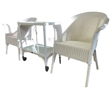 Pair Lloyd Loom bedroom chairs and matching two tier trolley.