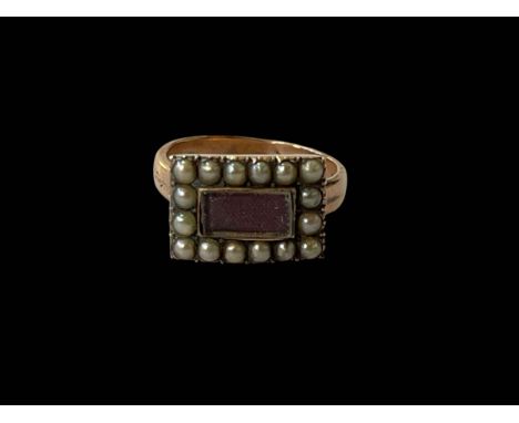 19th Century gold mourning ring with seed pearls, size I.