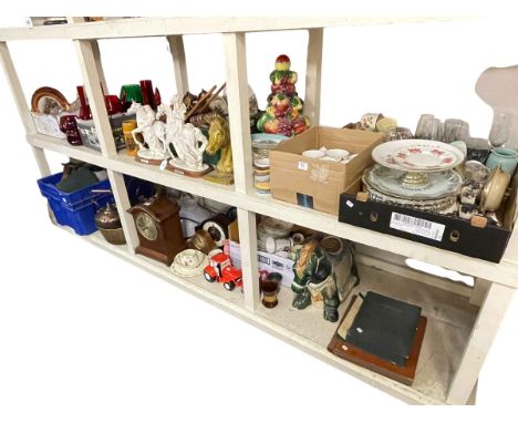 Full shelf of glass, china, carved wood animals, horse ornaments, brass and copper, clocks, Tang style horse, etc.