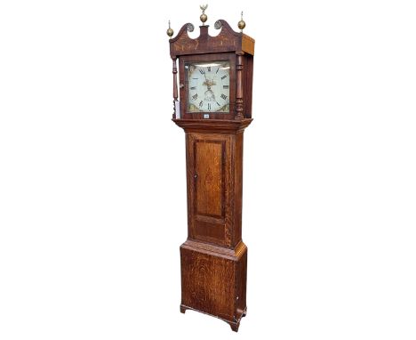 Antique oak and mahogany 30 hour longcase clock having square painted dial, 214cm.