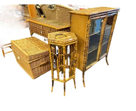 Victorian bamboo glazed two door cabinet, bamboo plant stand, wicker side table and hamper (4).