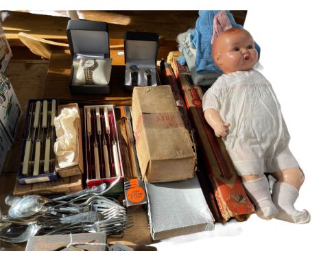 Flatware, Rotary gents watch, composition dolly, etc.