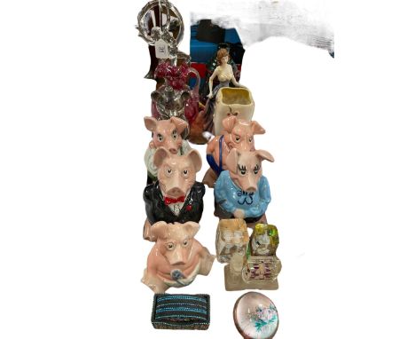 Five Wade Nat West piggy banks, ruby jug, etc.