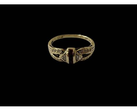 Garnet and diamond 9 carat gold ring, size L.
