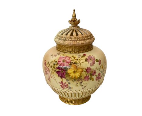 Large Royal Worcester pot pourri vase, lid and cover, the part moulded body with gilt and colour painted flowers on shaded gr