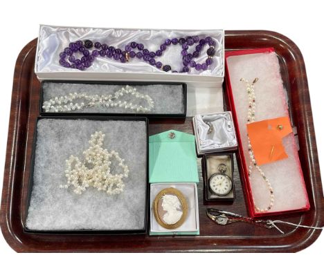 Jewellery including cameo brooch, turquoise stick pin, silver fob watch, necklaces, etc.