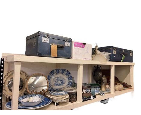Two cases of two light fittings, letter rack, barometer, tray, silver plated urn, blue and white and other china, guitar, etc