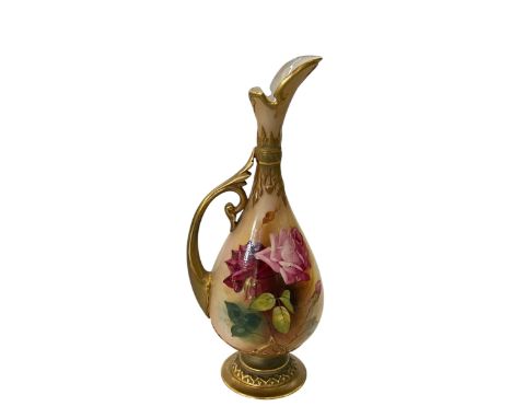 Royal Worcester ewer painted with roses by R Austin, shape number 242, 20.5cm.