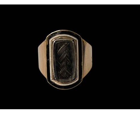 Georgian gold mourning ring having black and white line enamel around hair locket, inscribed and dated 1799, size N.