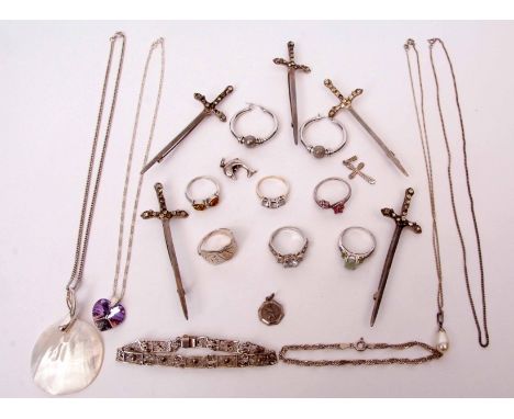 Mixed Lot: five silver sword brooches, marcasite set, hallmarked Birmingham 1947, two 925 stamped bracelets together with a s