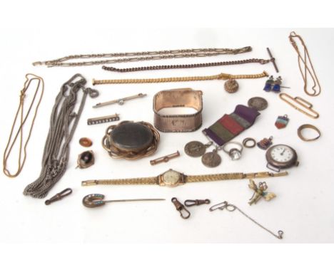 Mixed Lot: silver serviette ring, Victorian mourning brooch, silver cased wrist watch, various chains, rings etc 