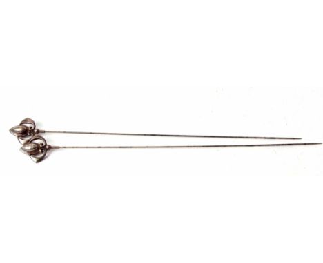 Large pair of Art Nouveau silver finial hat pins, hallmarked Birmingham 1911, 280mm long 