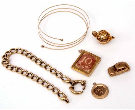 Mixed Lot: 9ct wide curb link bracelet, a 9ct stamped car and filigree teapot charms, 9ct small St Christopher and a hallmark