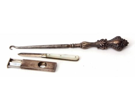 Mixed Lot: silver cased cigar cutter of guillotine sliding form together with a silver bladed folding fruit knife with mother