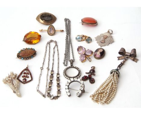 Mixed Lot: antique bar brooch, the centre is a foil backed crystal surrounded by small grey seed pearls, two Bohemian red sto