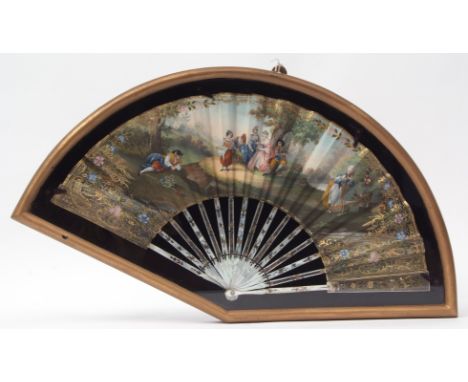 Late 19th century mother of pearl, silver and gilt fan of 16 stick construction with gilt and silver highlighted detail to a 