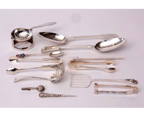 Mixed Lot: two various Fiddle pattern table spoons, two various pairs of sugar tongs, single souvenir type tea spoon, silver 