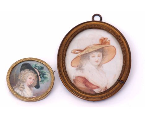 Mixed Lot: circular portrait brooch, hand painted depicting a lady in a plumed hat, signed Le Q in a gilt metal frame, 50mm d