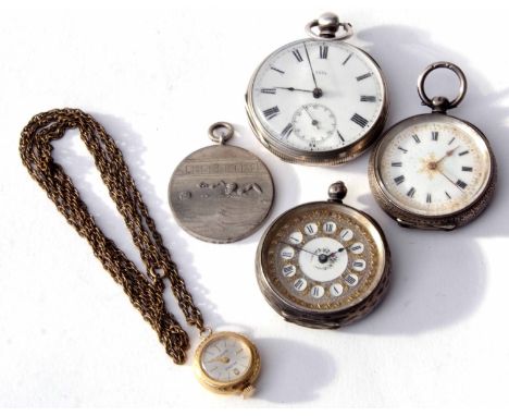 Mixed Lot: three various silver cased open face cylinder fob watches, together with a gold plated pendant watch and chain and