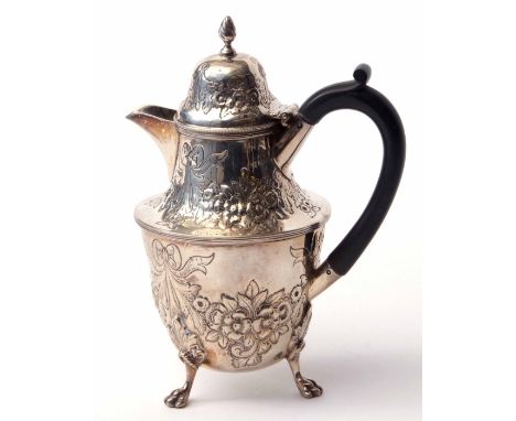 Late Victorian hot water pot of baluster form with hinged and domed cover, cast and applied finial to a girdled body and rais
