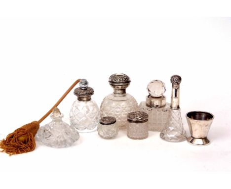 Mixed Lot: six various silver mounted toiletry bottles including toilet water bottle, perfume atomiser etc together with a fu