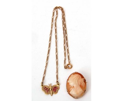 Mixed Lot: modern carved shell cameo brooch depicting a head and shoulders of a lady, in a 9ct frame, hallmarked Birmingham 1