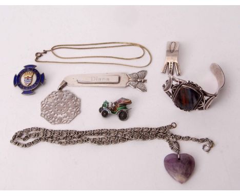 Mixed Lot: hallmarked silver bookmark with butterfly finial, a silver and enamelled badge for "Mile End Hospital", pierced si