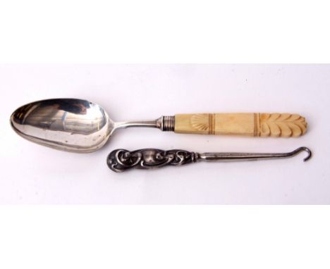 William IV ivory handled dessert spoon, the carved handle to a ribbed ferrule and plain polished bowl, length 15 1/2cms, Birm