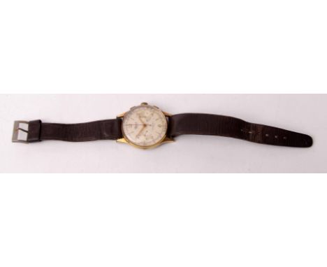 Third quarter of 20th century gold plated two-button chronograph wrist watch, Rone, the 17-jewel unadjusted movement with mon