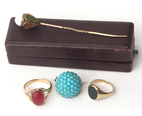 Mixed Lot: Victorian cased stick pin, having a lantern style finial with hardstone panels, a turquoise small bead cluster bro