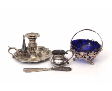 Mixed Lot: electro-plated chamber stick with shaped saucer base, scrolling thumb-piece, detachable dousing cone to a central 