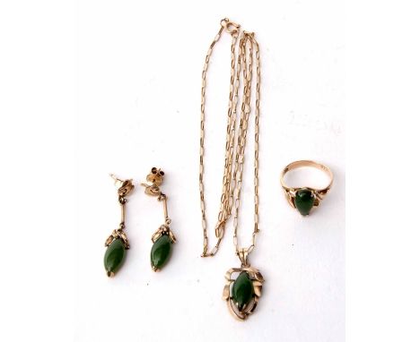 Modern jewellery suite comprising a jade pendant, pair of jade earrings and a matching dress ring, all in 14Kt stamped mounts